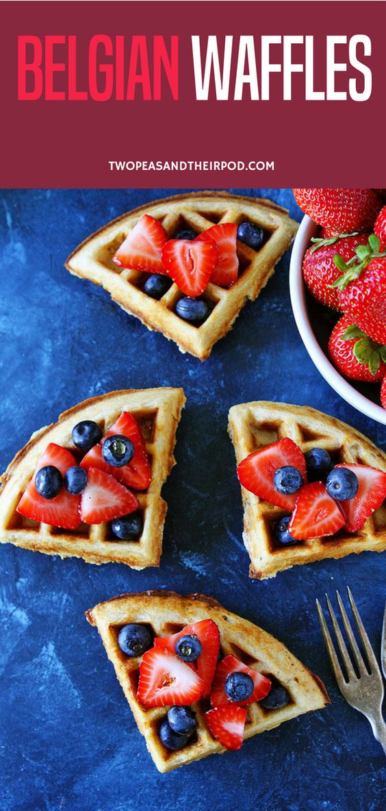 How to make Belgian Waffles from scratch right in your kitchen. Top the waffles with berries, whipped cream, and pure maple syrup for an extra special breakfast. #waffles #breakfast #breakfastrecipes #fromscratch #belgianwaffles Visit twopeasandtheirpod.com for more simple, fresh, and family friendly meals.